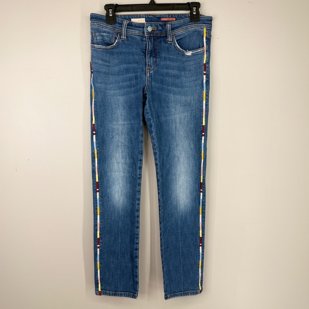 Pilcro Slim Boyfriend Jeans Women 26 Blue Rainbow Stripe Side Tape Cropped Denim